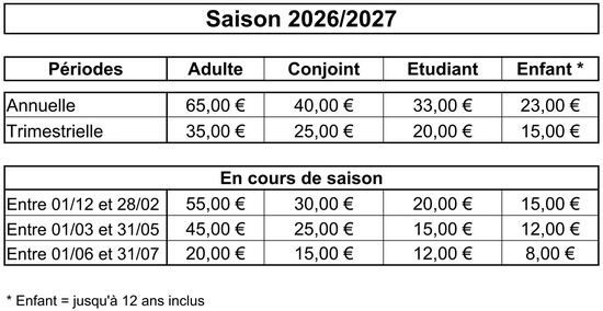 Tarifs adhésion saison 2026 2027